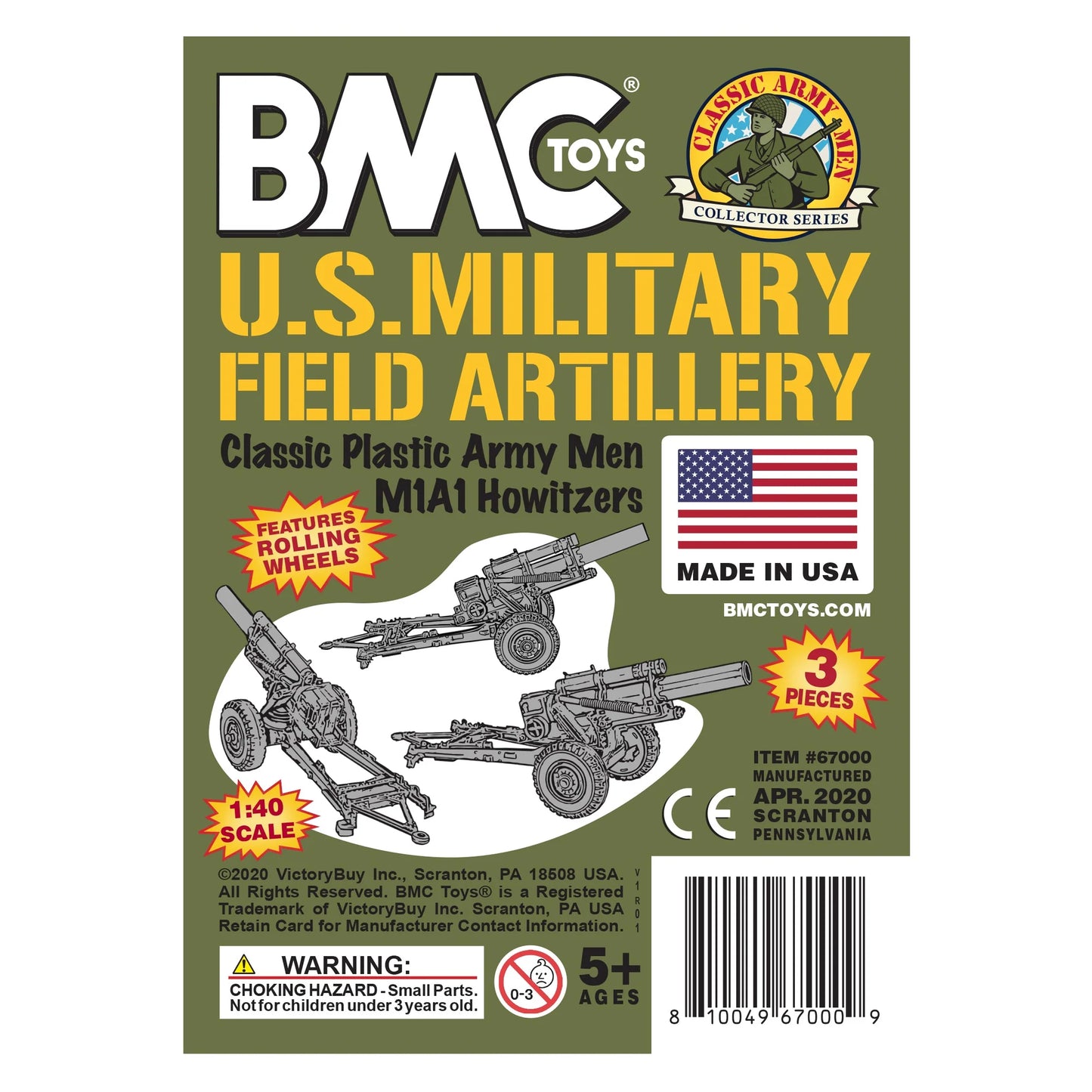 BMC Classic Marx Military Howitzers - 3pc Olive Drab Plastic Army Men Artillery - Cipolla Hobbies