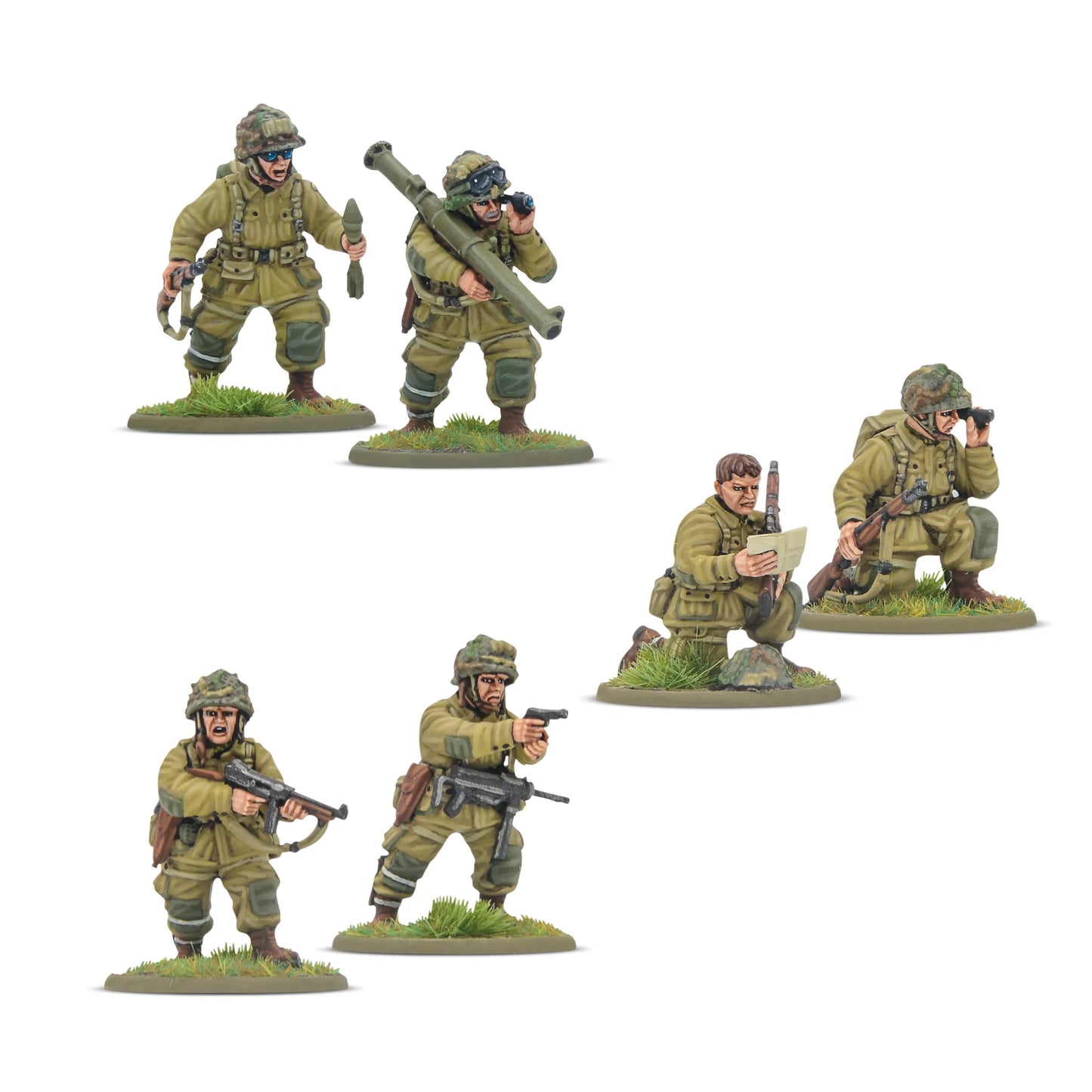 Set of six miniature soldiers in military gear on a white background