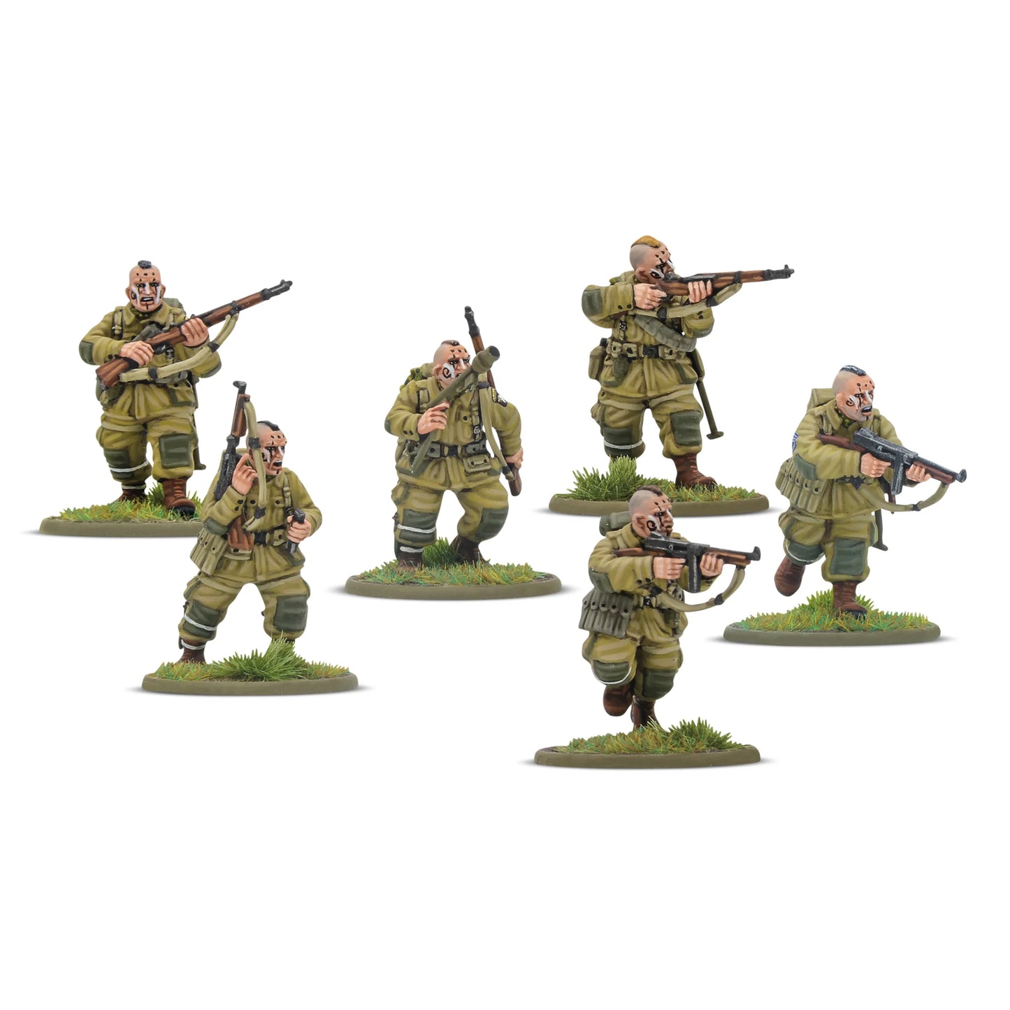 Set of six miniature soldiers in military uniforms with weapons on a white background