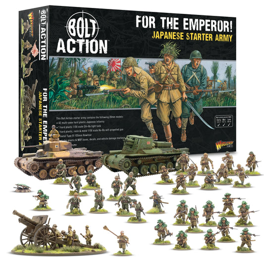 Bolt Action Japanese Starter Army box set with miniature figures and tanks on a white background