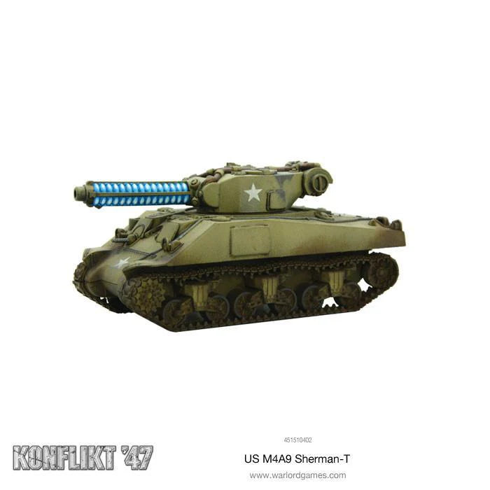 Model of a US M4A9 Sherman-T tank with blue light effect on a white background, branded 'Konflikt '47'.