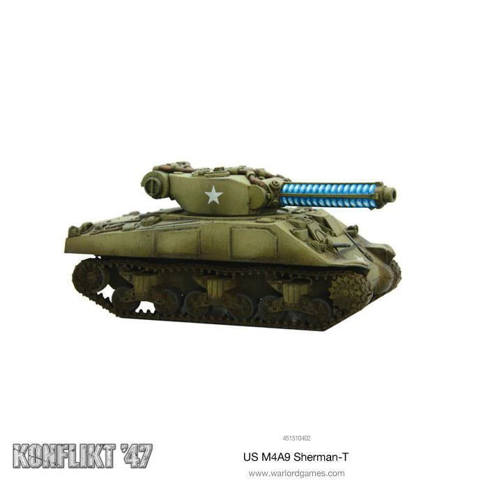 Model tank with blue light on a white background, branded 'Konflikt '47'.