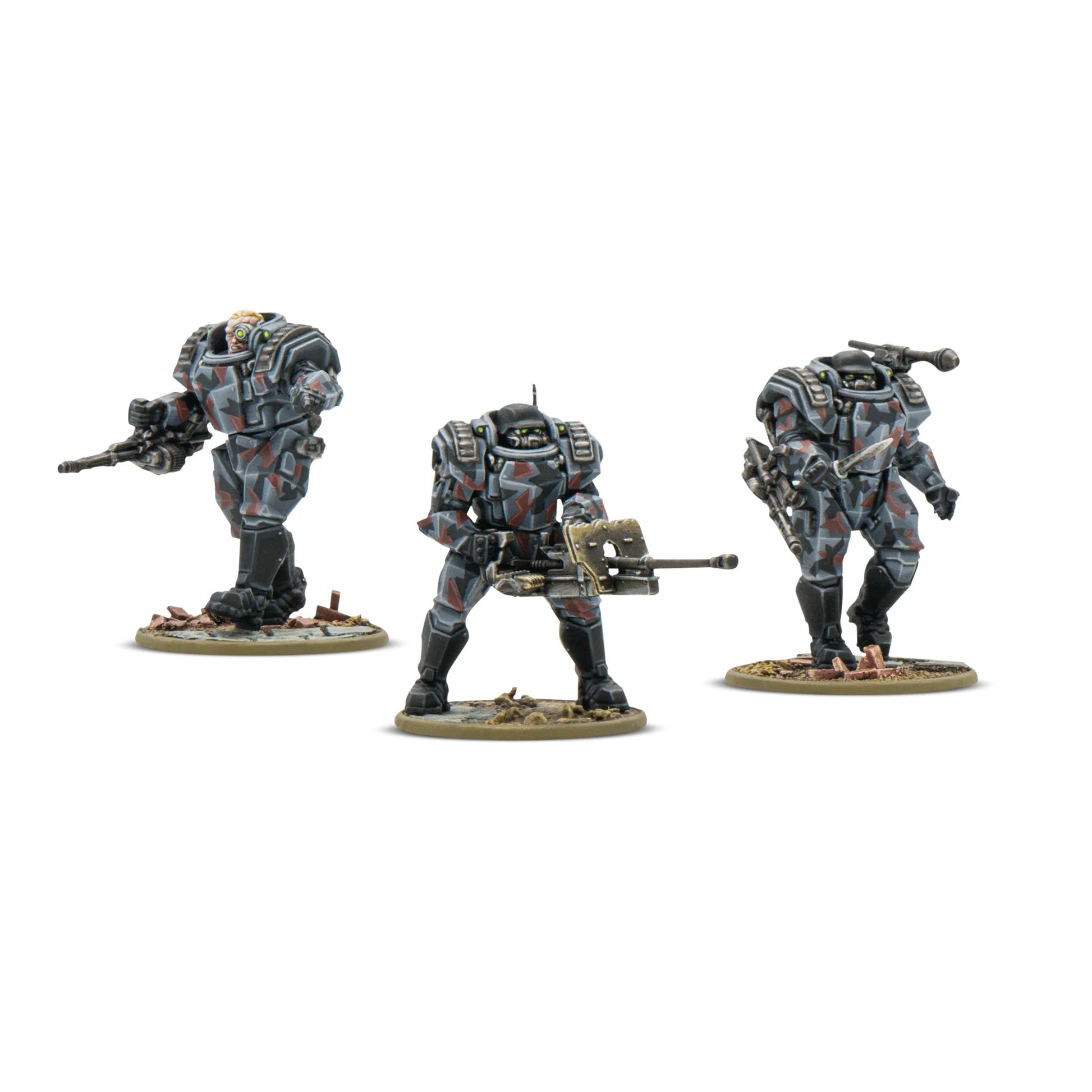 Three miniature figures in futuristic armor on a white background