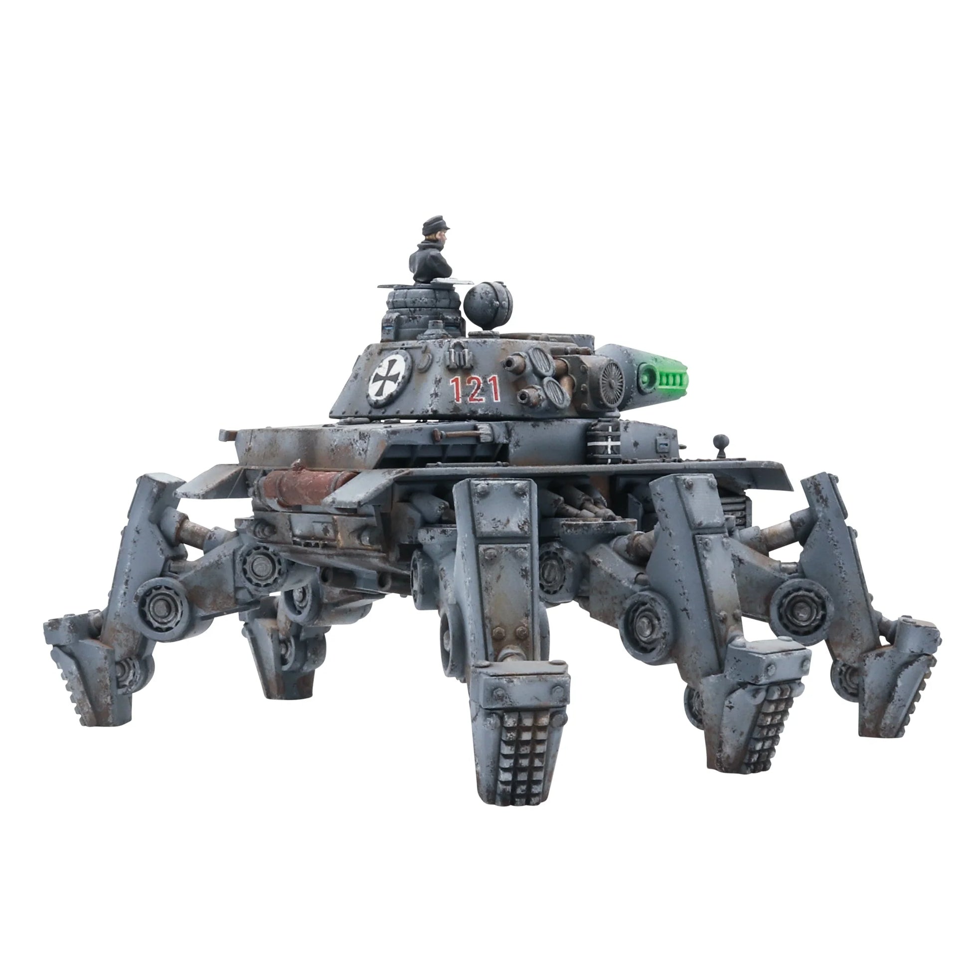 Mechanical spider-like robot on a white background