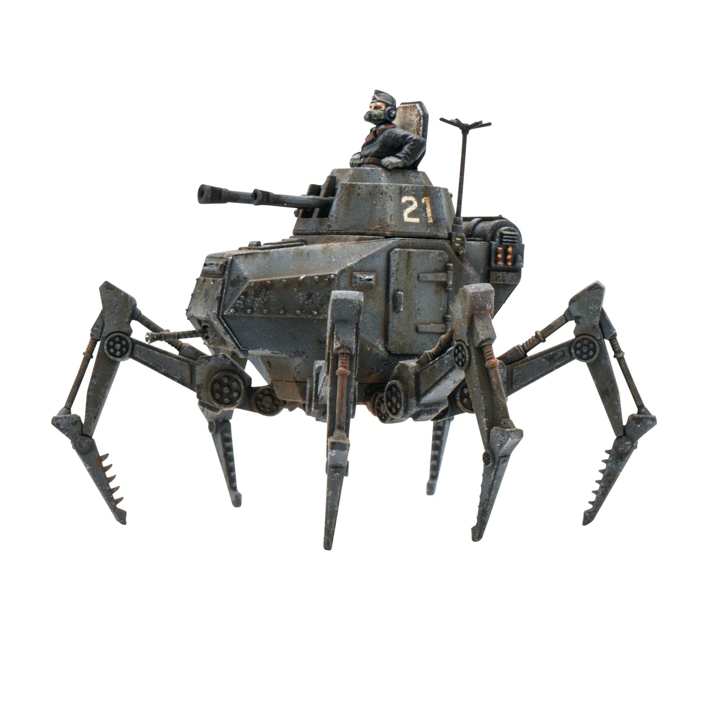 Spider-like robot with a cockpit on a white background