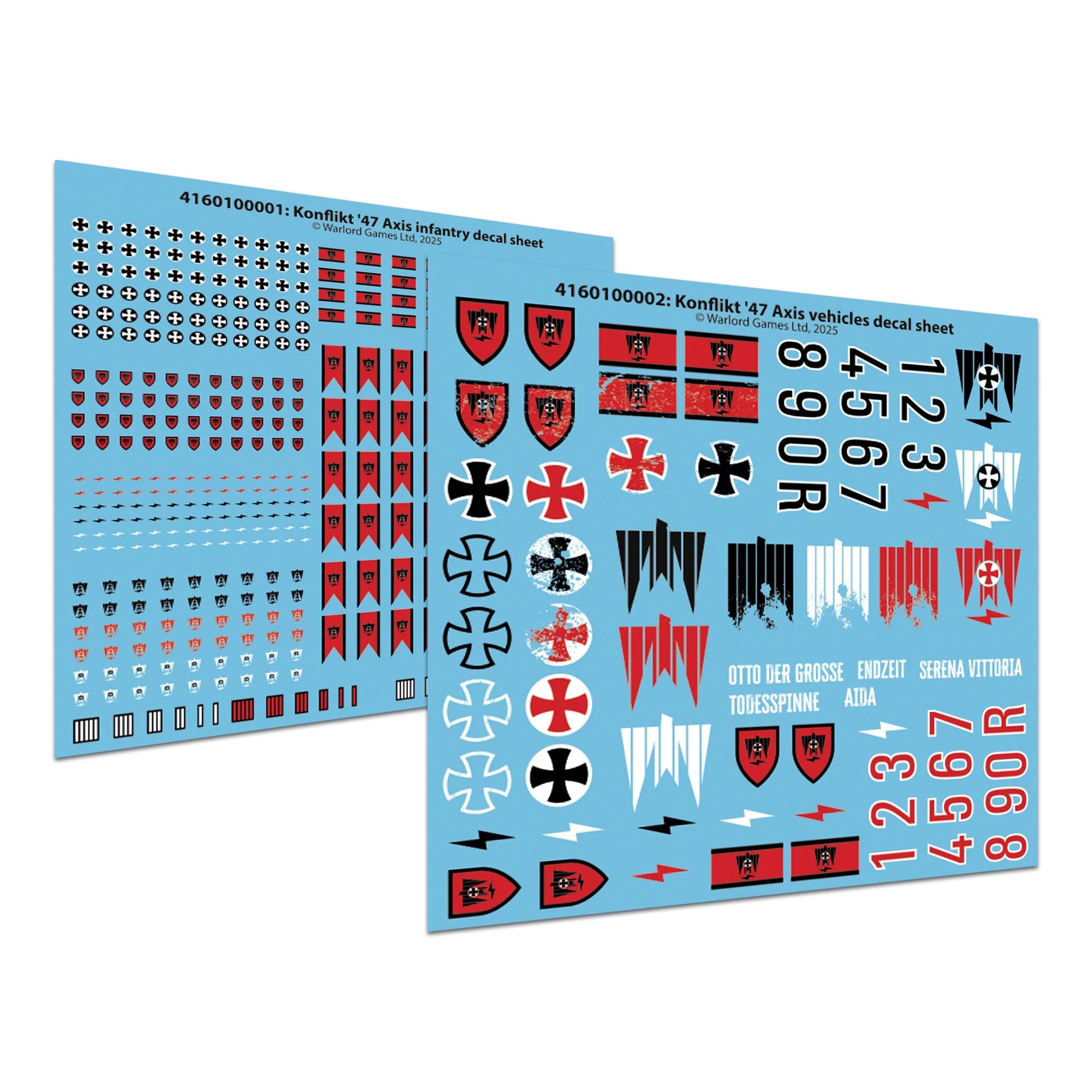 Two decal sheets with military insignias and symbols on a blue background.