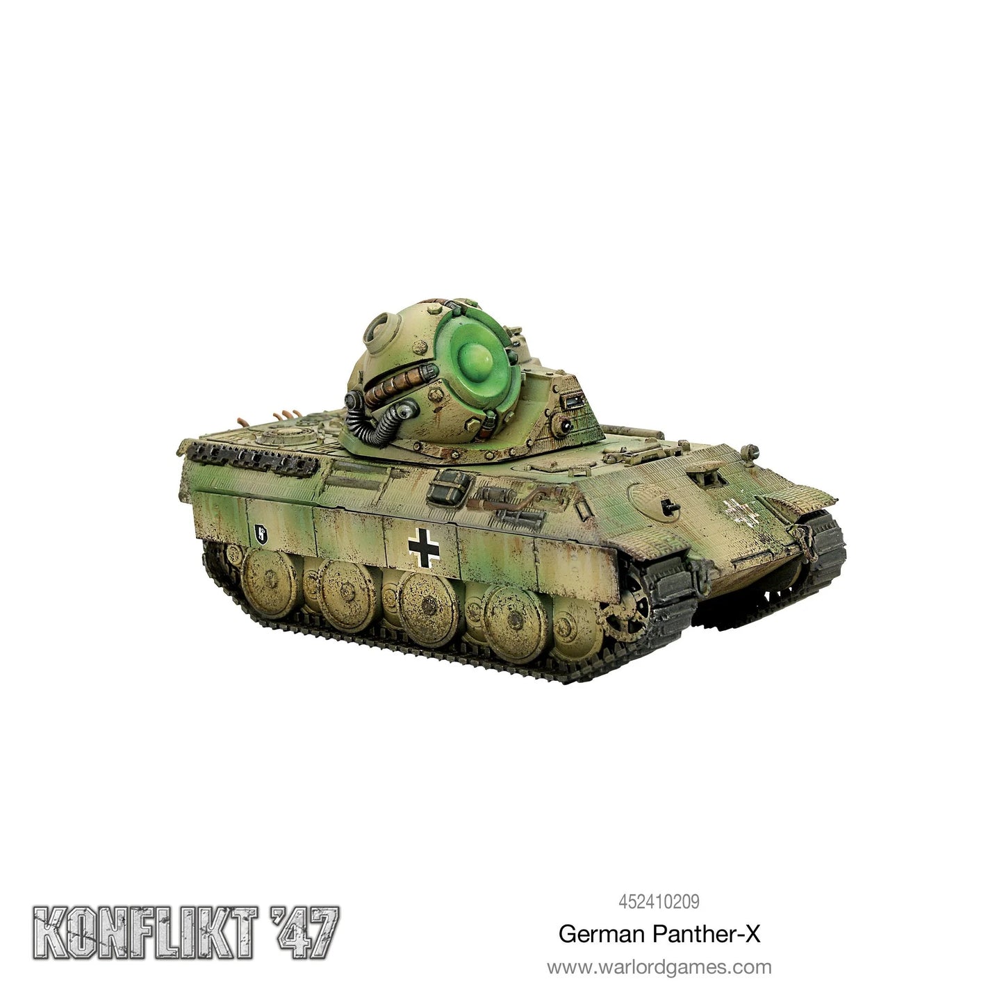 Model of a German Panther-X tank with camouflage pattern on a white background, branded 'Konflikt '47' and 'Warlord Games'.