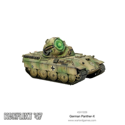 Model of a German Panther-X tank with camouflage pattern on a white background, branded 'Konflikt '47' and 'Warlord Games'.