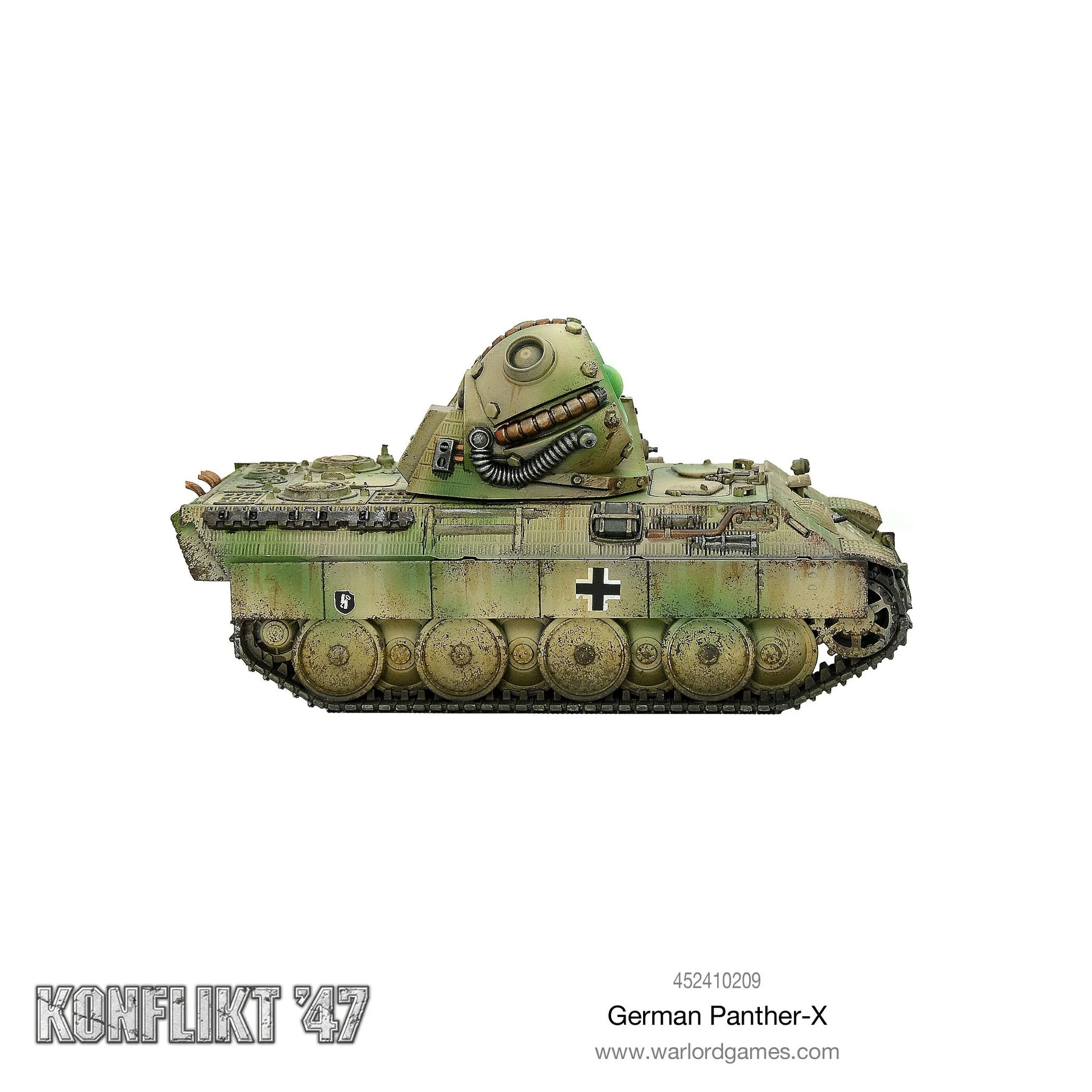Model of a German Panther tank with camouflage pattern on a white background, featuring the brand 'Konflikt '47' and 'Warlord Games'.