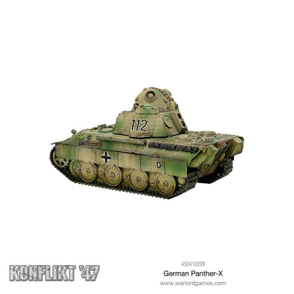Model of a German Panther tank with camouflage pattern on a white background, featuring the brand 'Konflikt '47' and 'Warlord Games'.