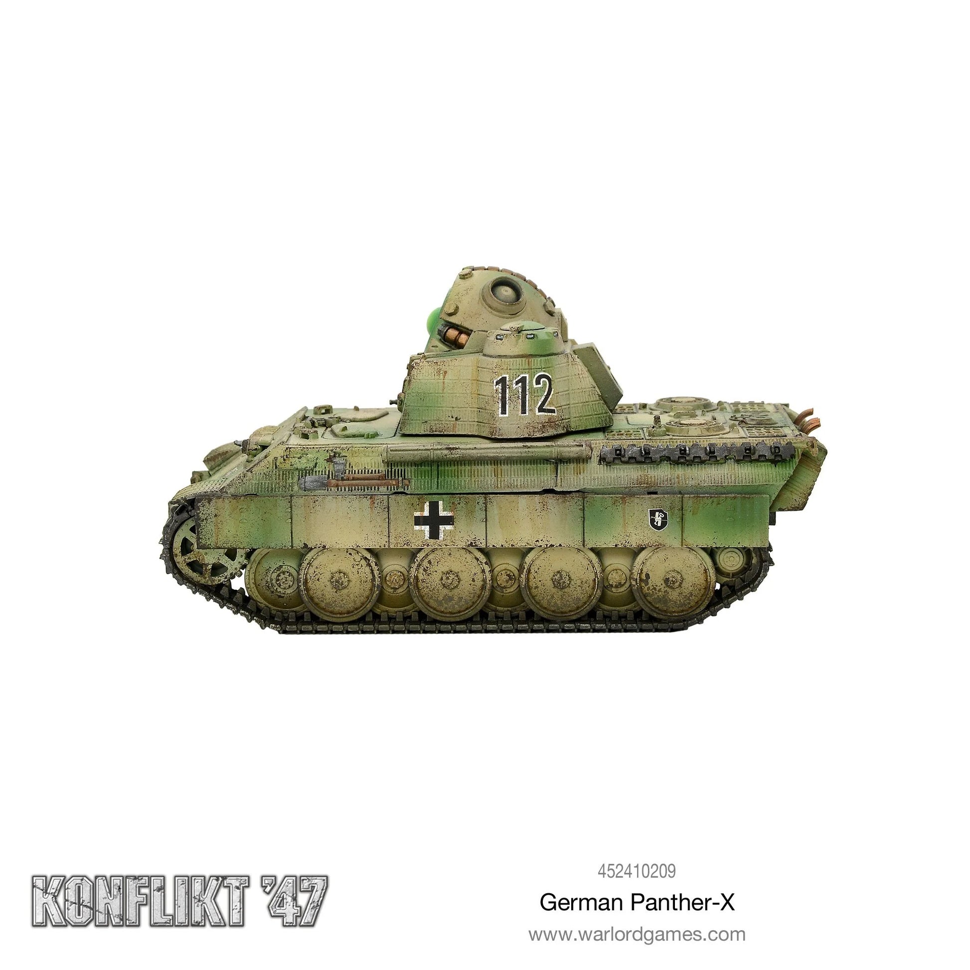 Model of a German Panther tank with camouflage pattern on a white background, featuring the brand 'Konflikt '47' and 'Warlord Games'.