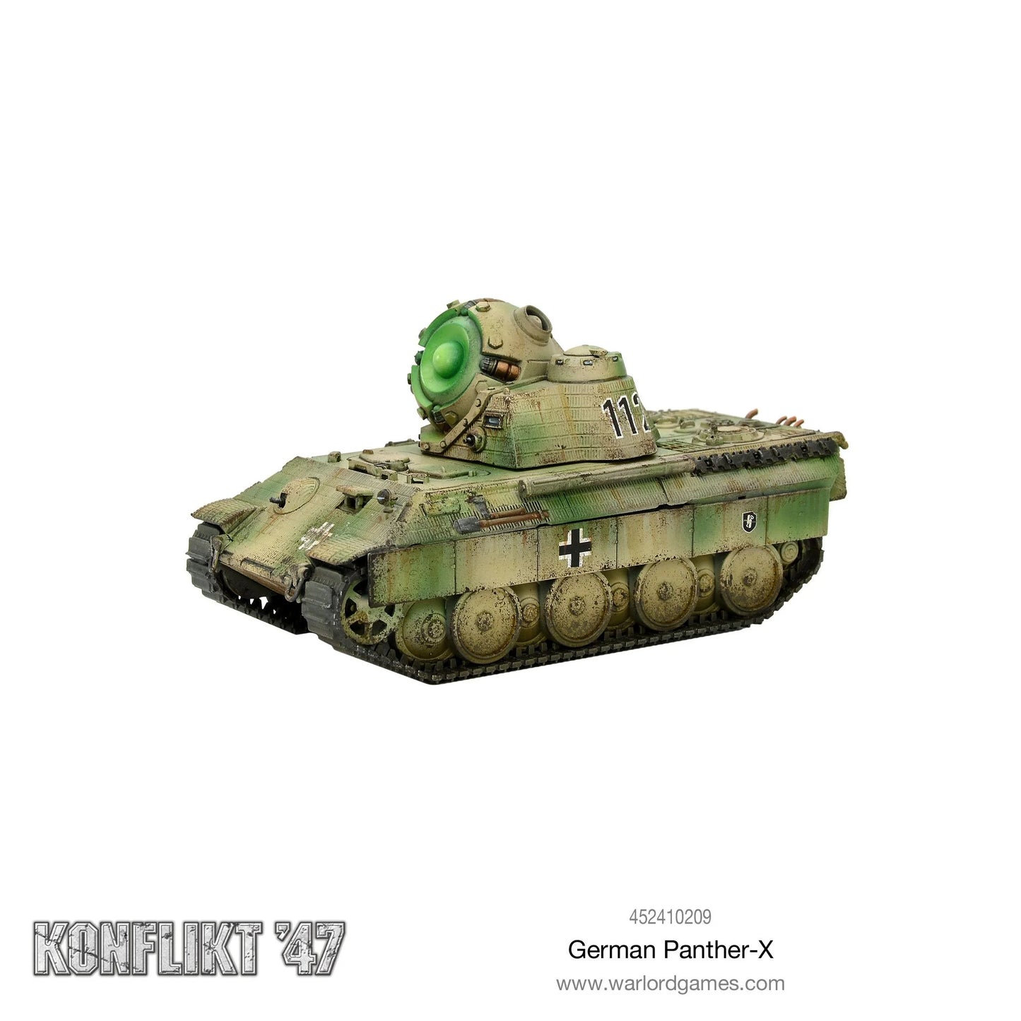 Model of a German Panther-X tank with camouflage paint on a white background, featuring the brand 'Konflikt '47' and 'Warlord Games'.