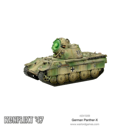 Model of a German Panther-X tank with camouflage paint on a white background, featuring the brand 'Konflikt '47' and 'Warlord Games'.