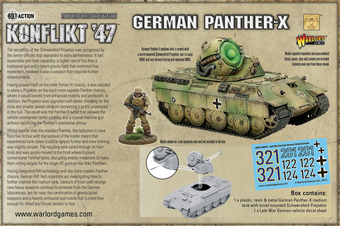 Wargame miniatures box for German Panther-X tank with text and graphics on a beige background