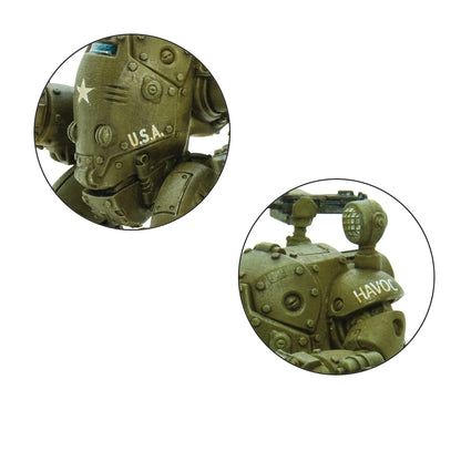 Two circular insets of a military-style helmet with 'U.S.A.' and 'HAVOC' branding on a white background.