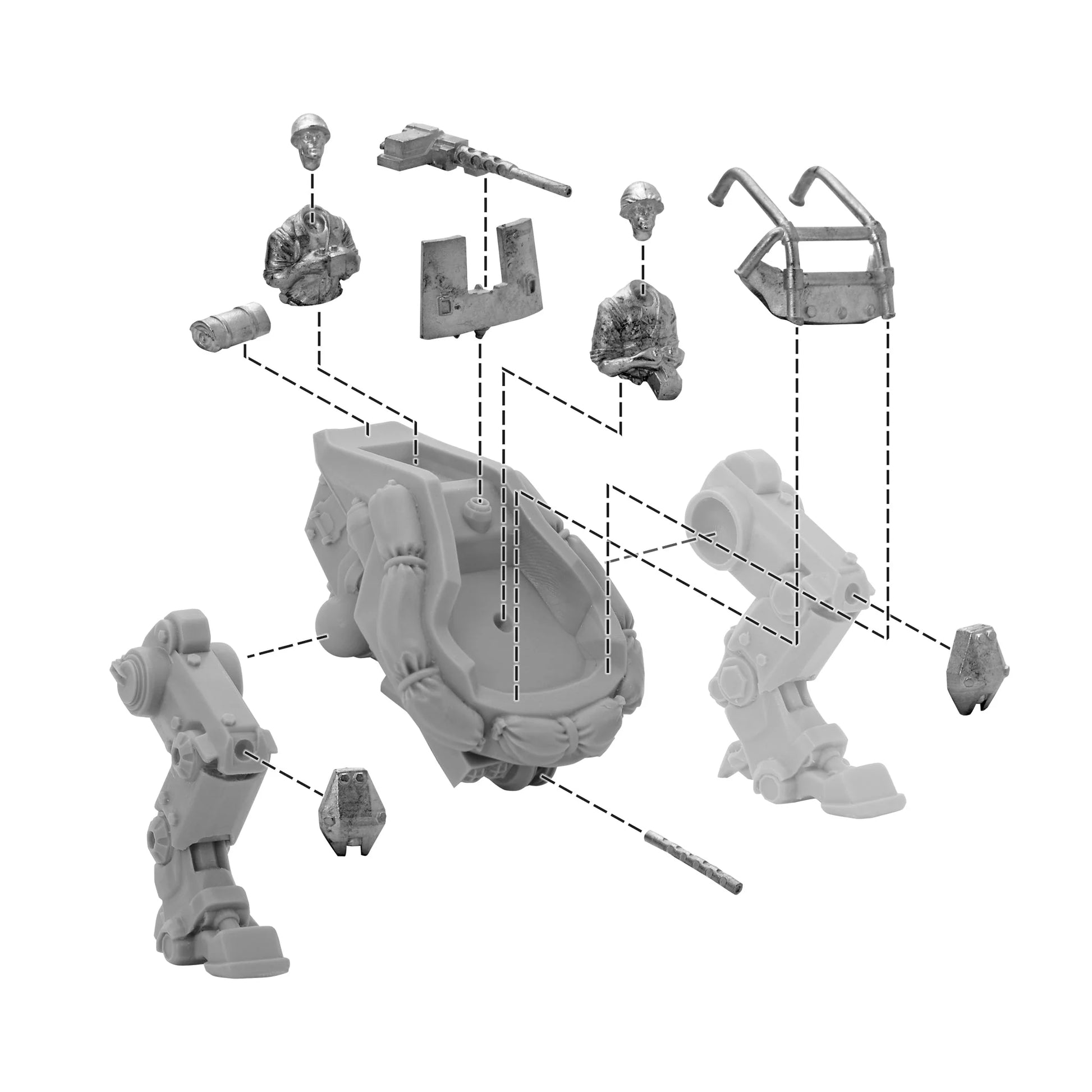 Gray toy figure parts on a white background