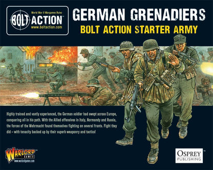 Bolt Action German Grenadiers starter army box with soldiers and battle scene illustration.