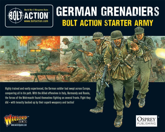 Bolt Action German Grenadiers starter army box with soldiers and battle scene illustration.