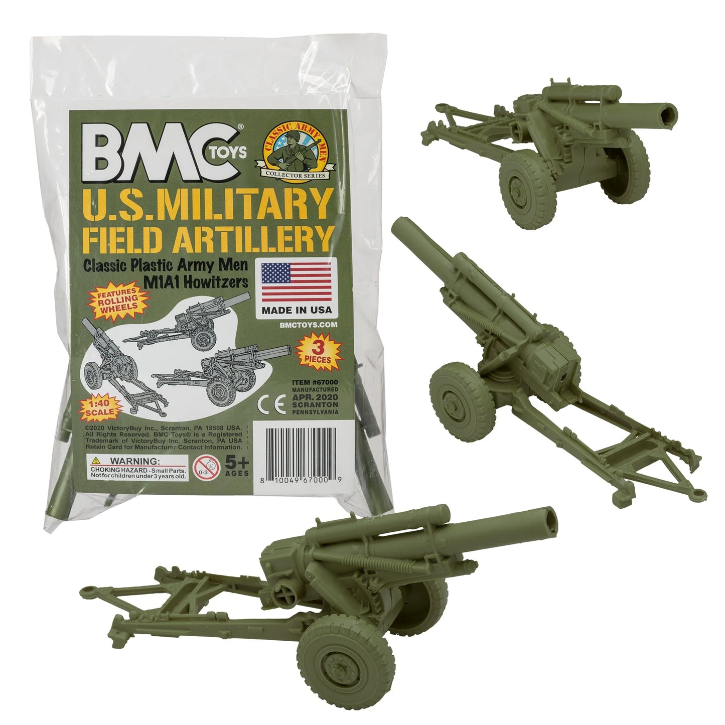 BMC Classic Marx Military Howitzers - 3pc Olive Drab Plastic Army Men Artillery