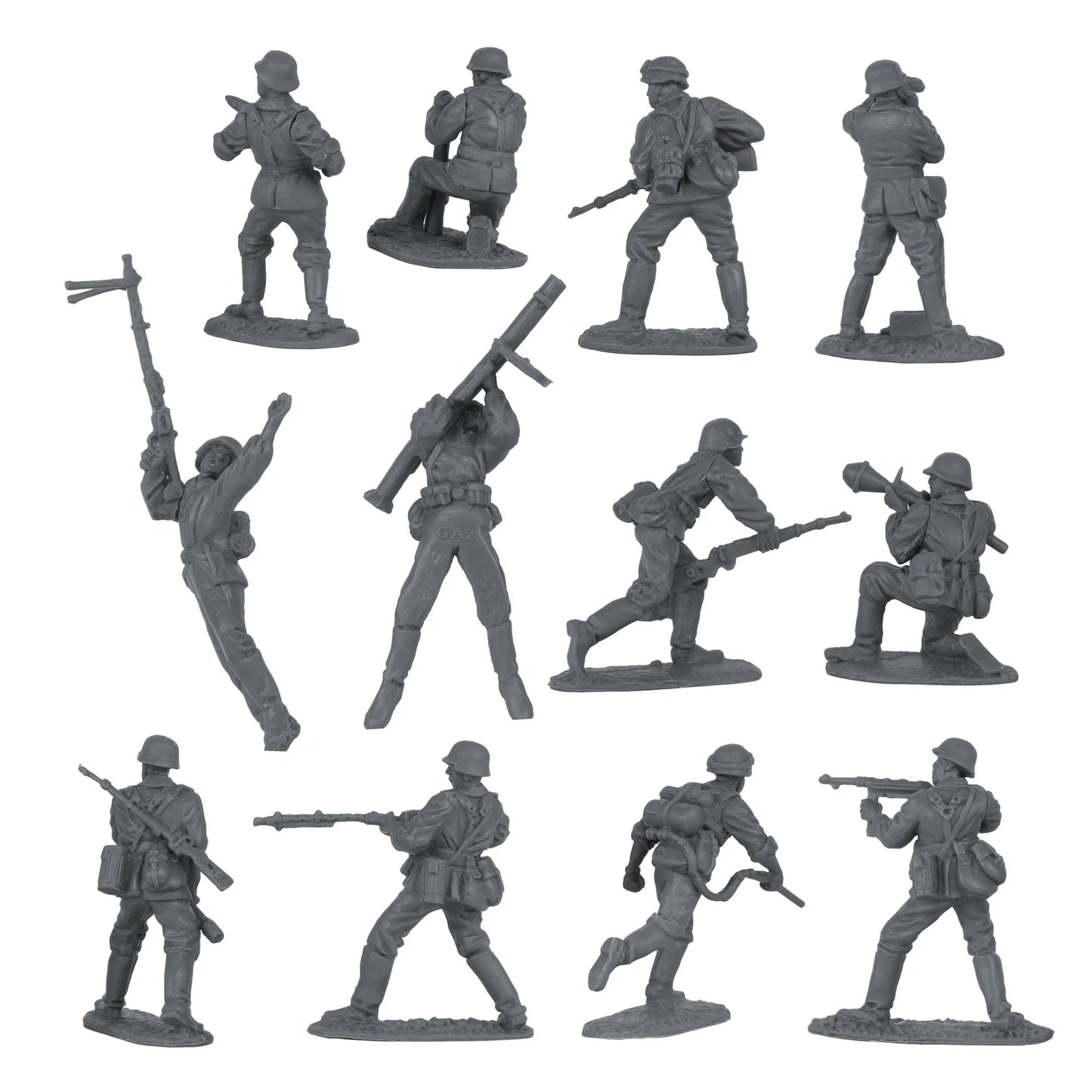 Set of gray toy soldiers in various poses on a white background