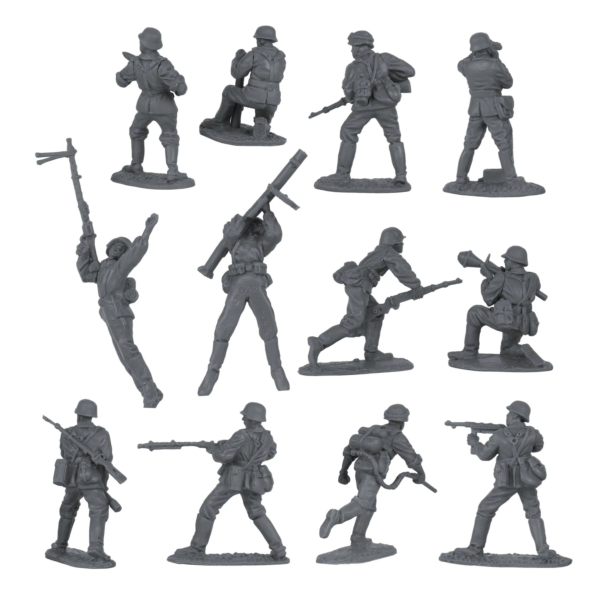 Set of gray toy soldiers in various poses on a white background