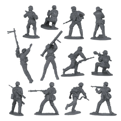 Set of gray toy soldiers in various poses on a white background