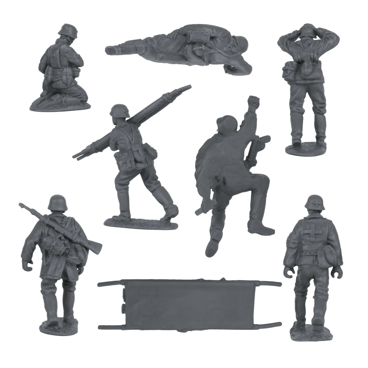 Set of gray toy soldiers and accessories on a white background