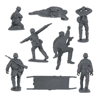 Set of gray toy soldiers and accessories on a white background