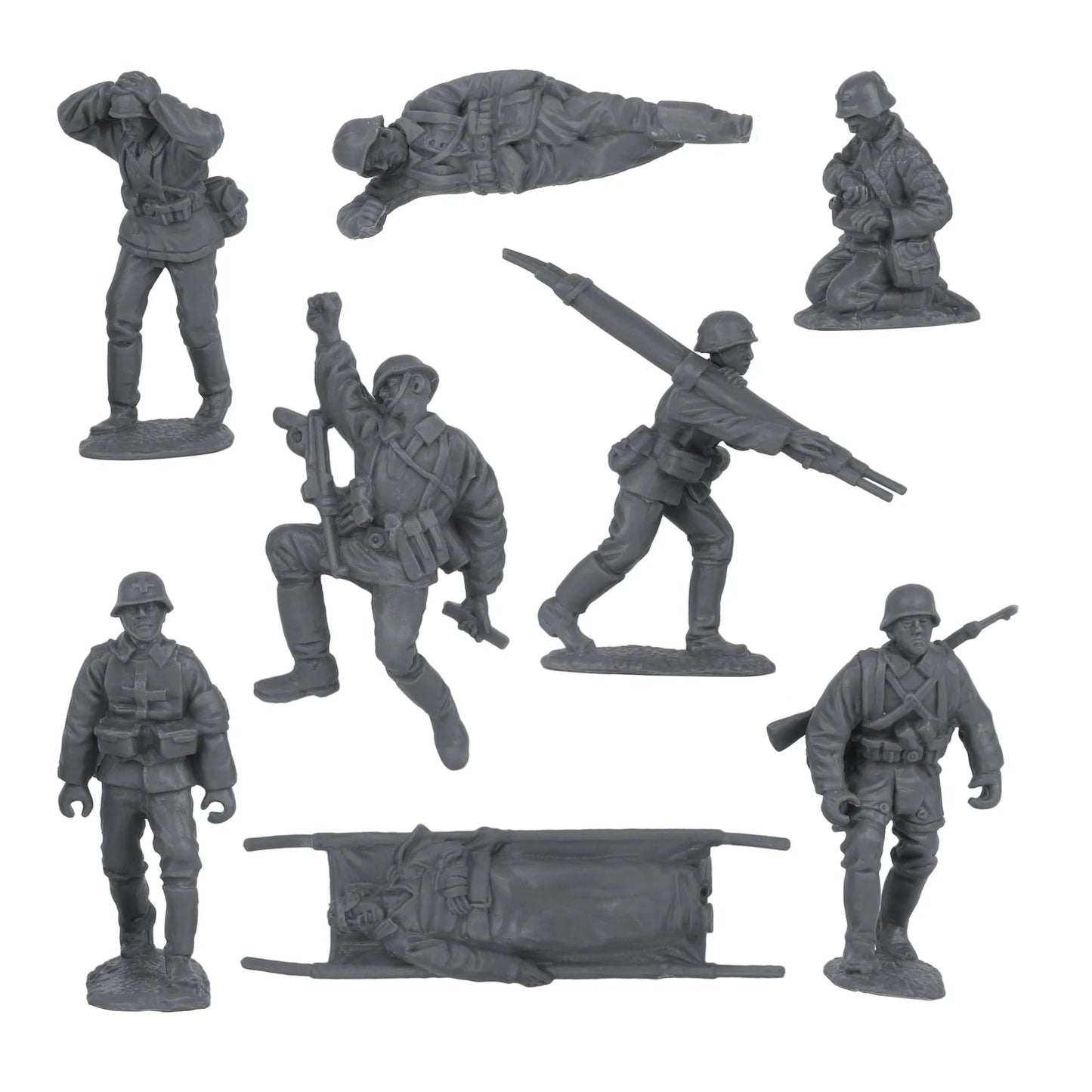 Set of gray toy soldiers and accessories on a white background