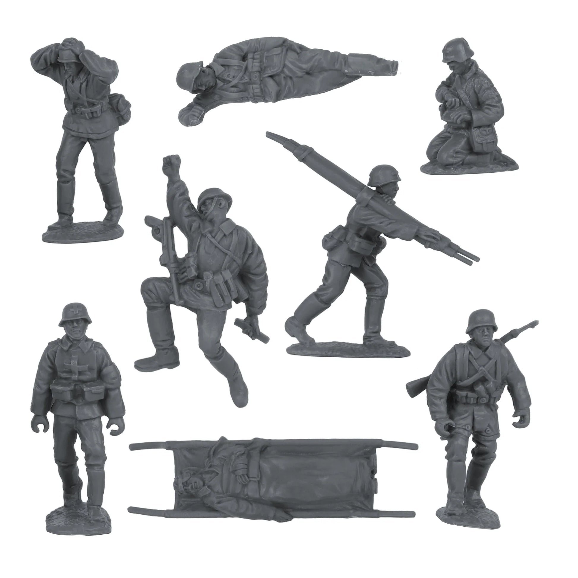 Set of gray toy soldiers and accessories on a white background
