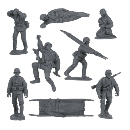 Set of gray toy soldiers and accessories on a white background