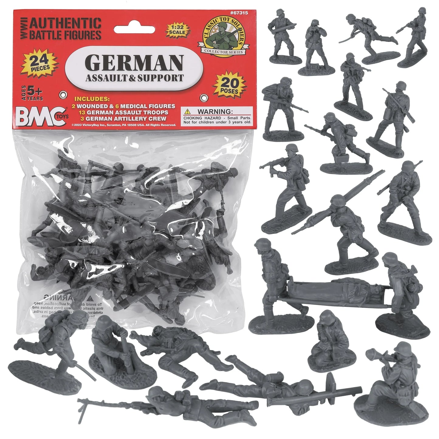 Toy German assault and support figures with packaging on a white background