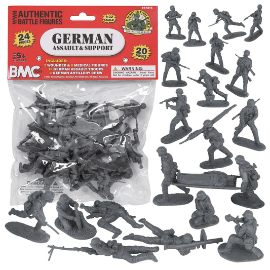 Toy German assault and support figures with packaging on a white background