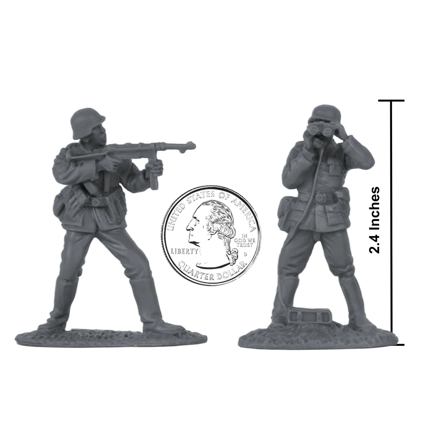 Two miniature figures of soldiers with a quarter coin for scale on a white background