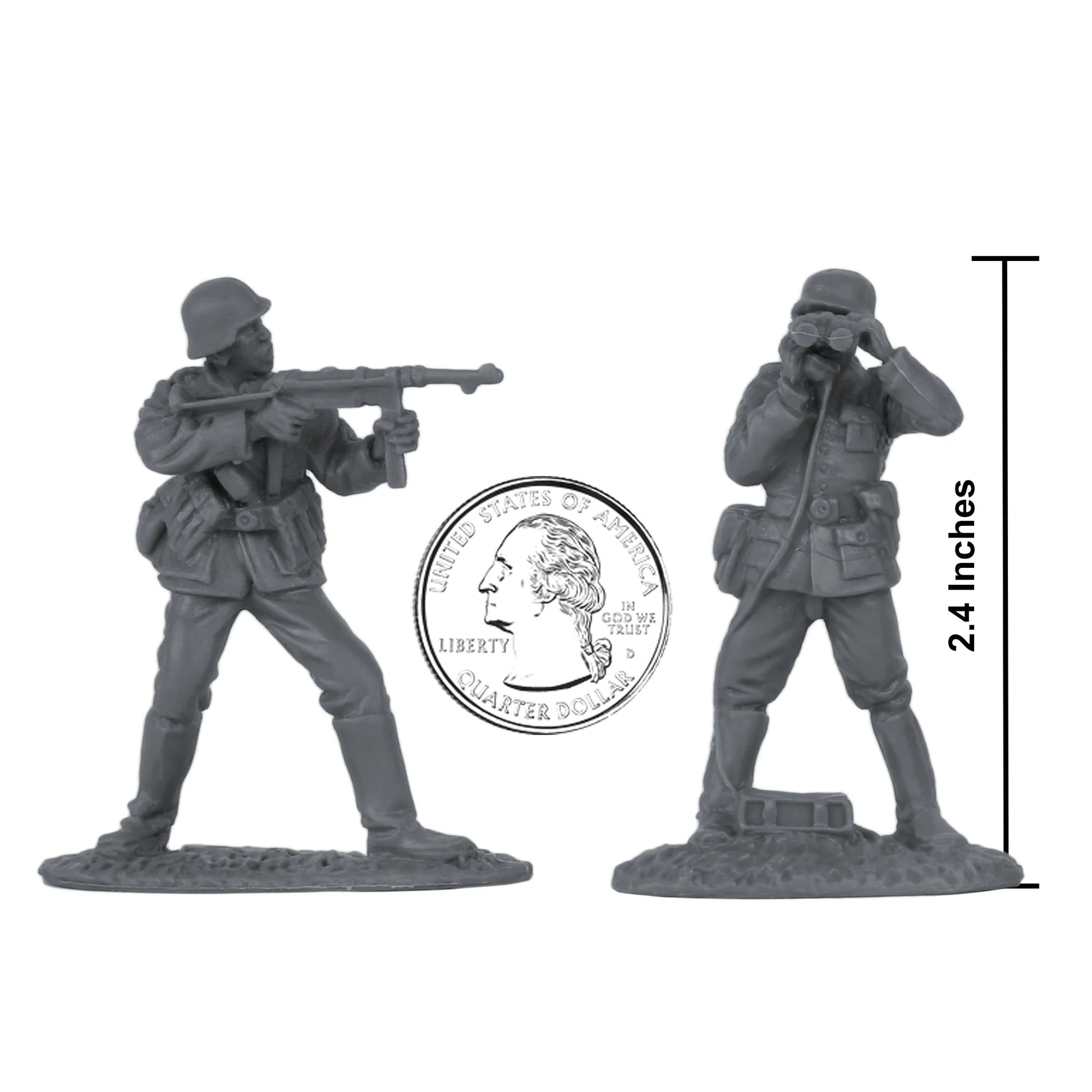Two miniature figures of soldiers with a quarter coin for scale on a white background