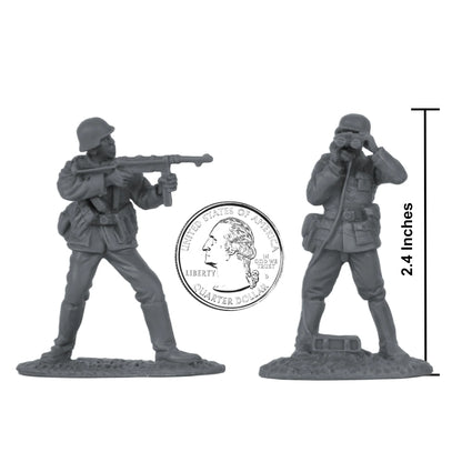 Two miniature figures of soldiers with a quarter coin for scale on a white background