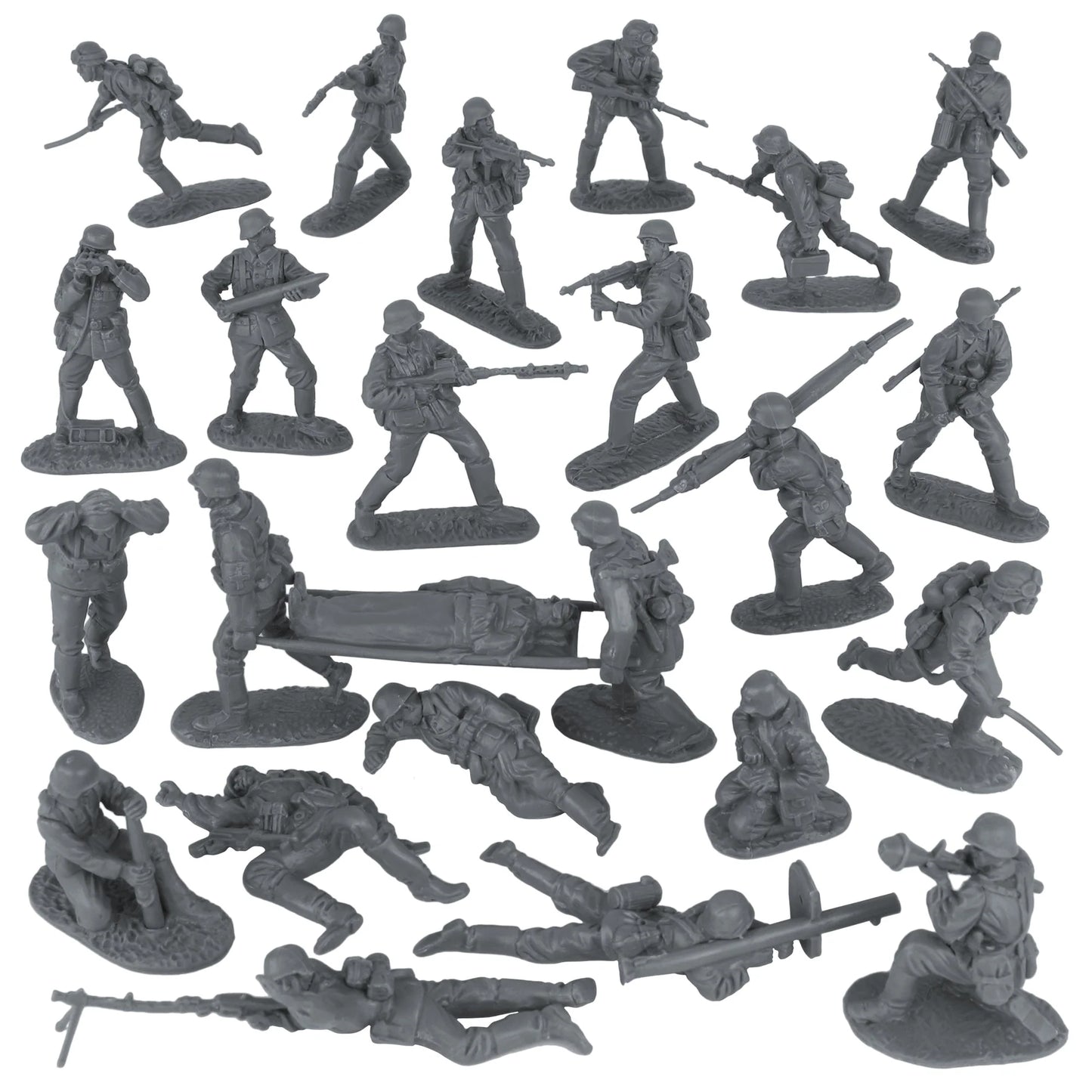 Collection of gray toy soldiers in various poses on a white background