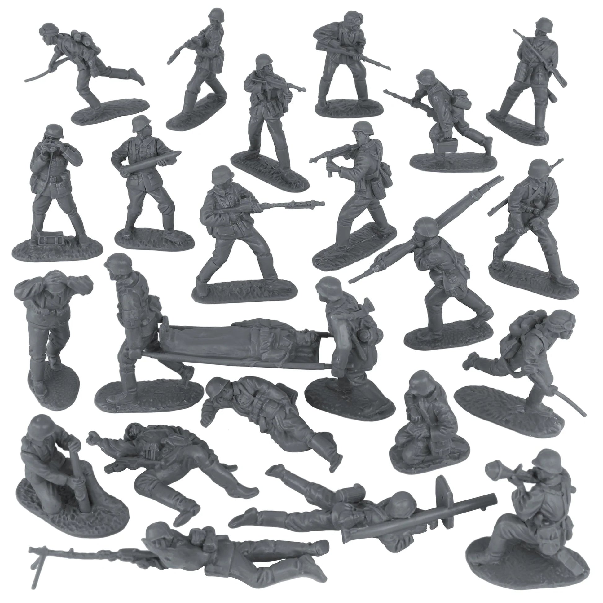 Collection of gray toy soldiers in various poses on a white background