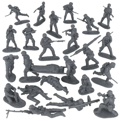 Collection of gray toy soldiers in various poses on a white background